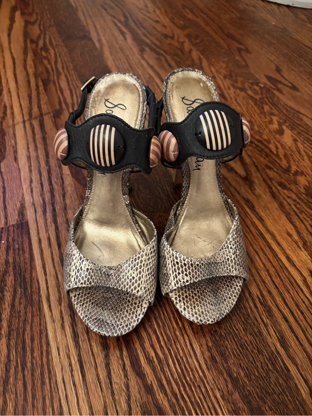 Sam Edelman Gold Snake-Print Sandals with Black Ankle Strap